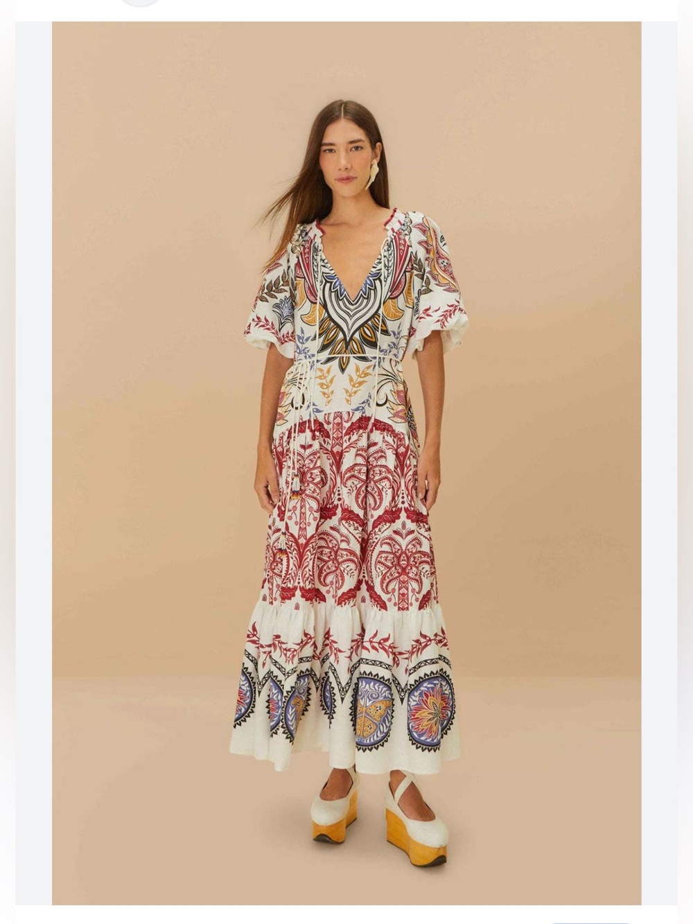 FARM Rio White Maxi Dress with Red, Gold & Navy Paisley Print